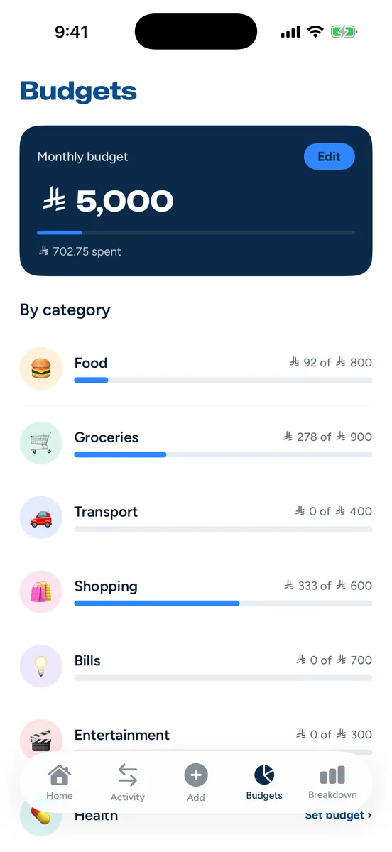 Budgets screen with the monthly budget and per-category limits