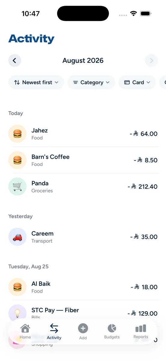 Madriss Activity screen listing automatically captured purchases